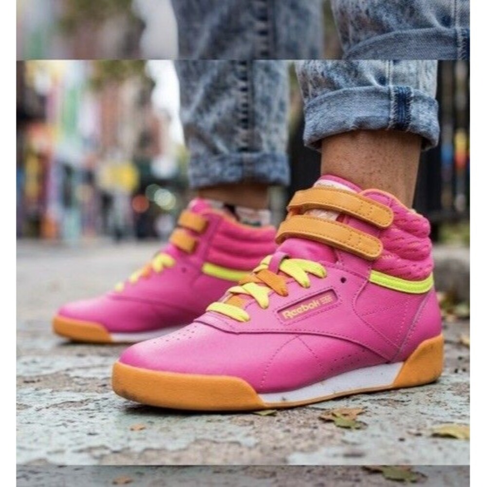 Reebok Freestyle Hi Classic Pink Orange Yellow Kids Girls Sneakers M46777 Size 5